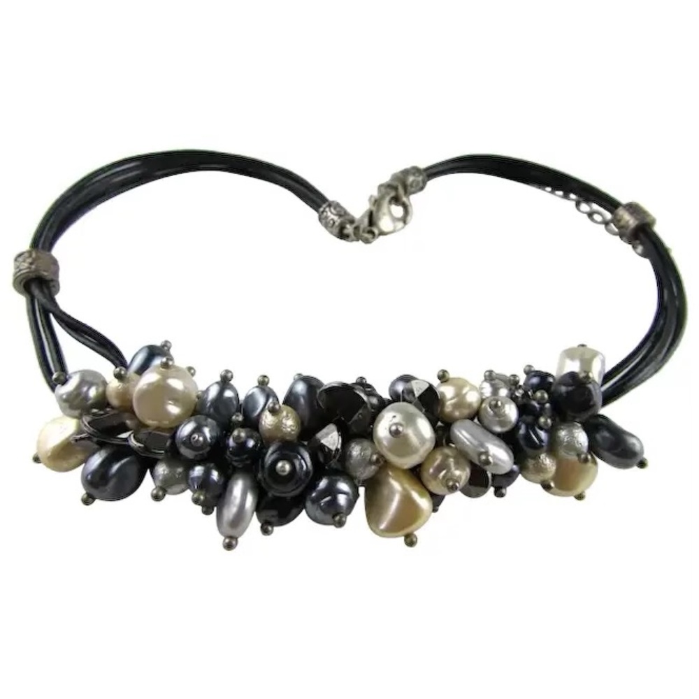 Vintage Faux Multicolor Pearls on Leather Necklace